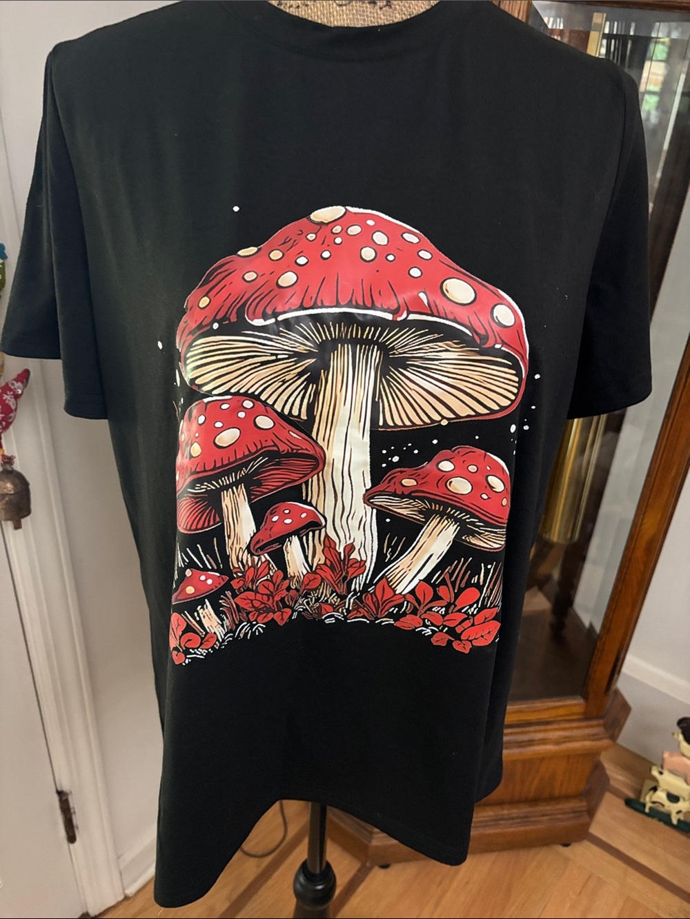 Black Tee with Red Mushroom Illustration
